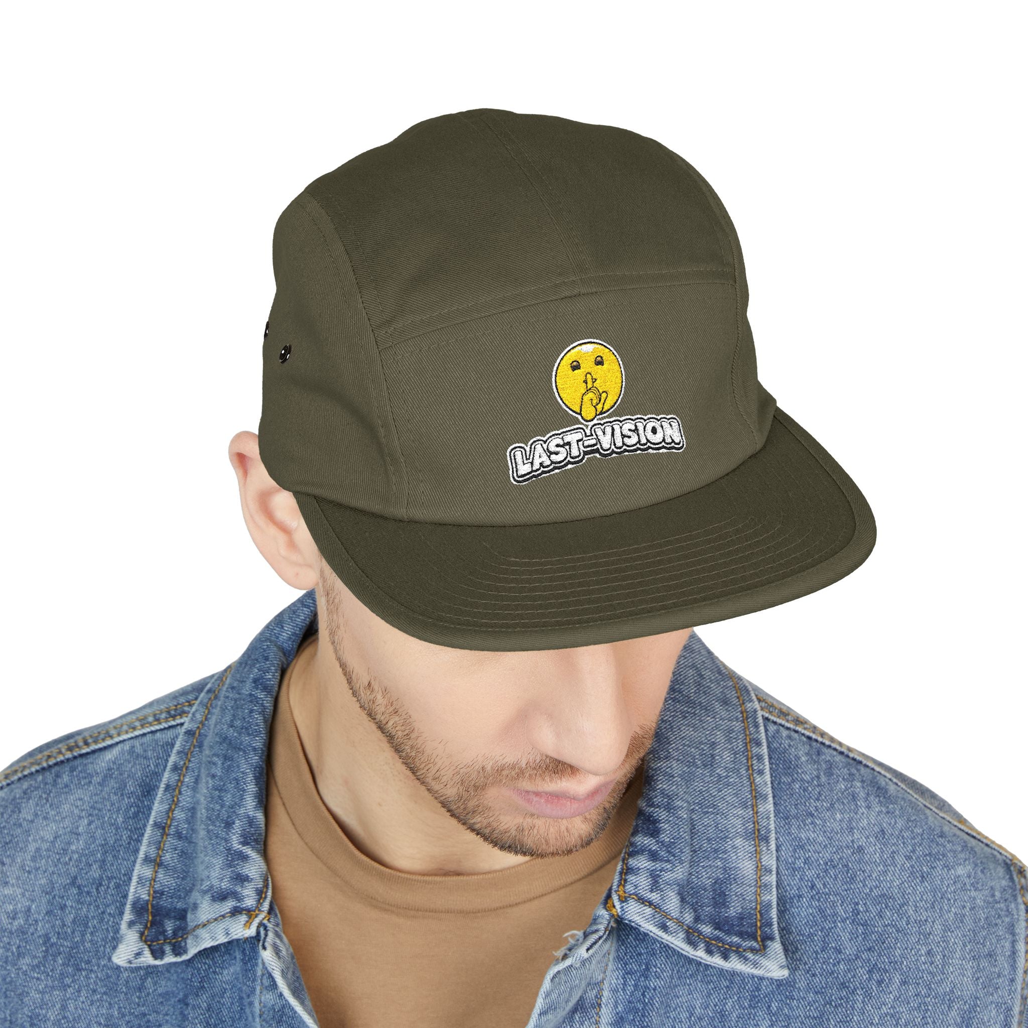 Last Vision Embroidered 5-Panel Cap — Retro Smiley Patch