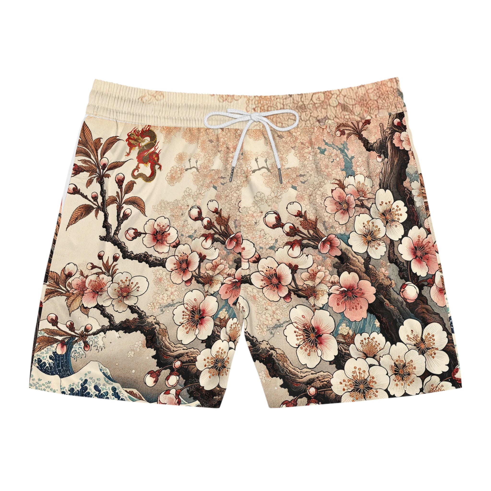 Floral Wave Swim Shorts — Vintage Japanese Cherry Blossom Boardshorts
