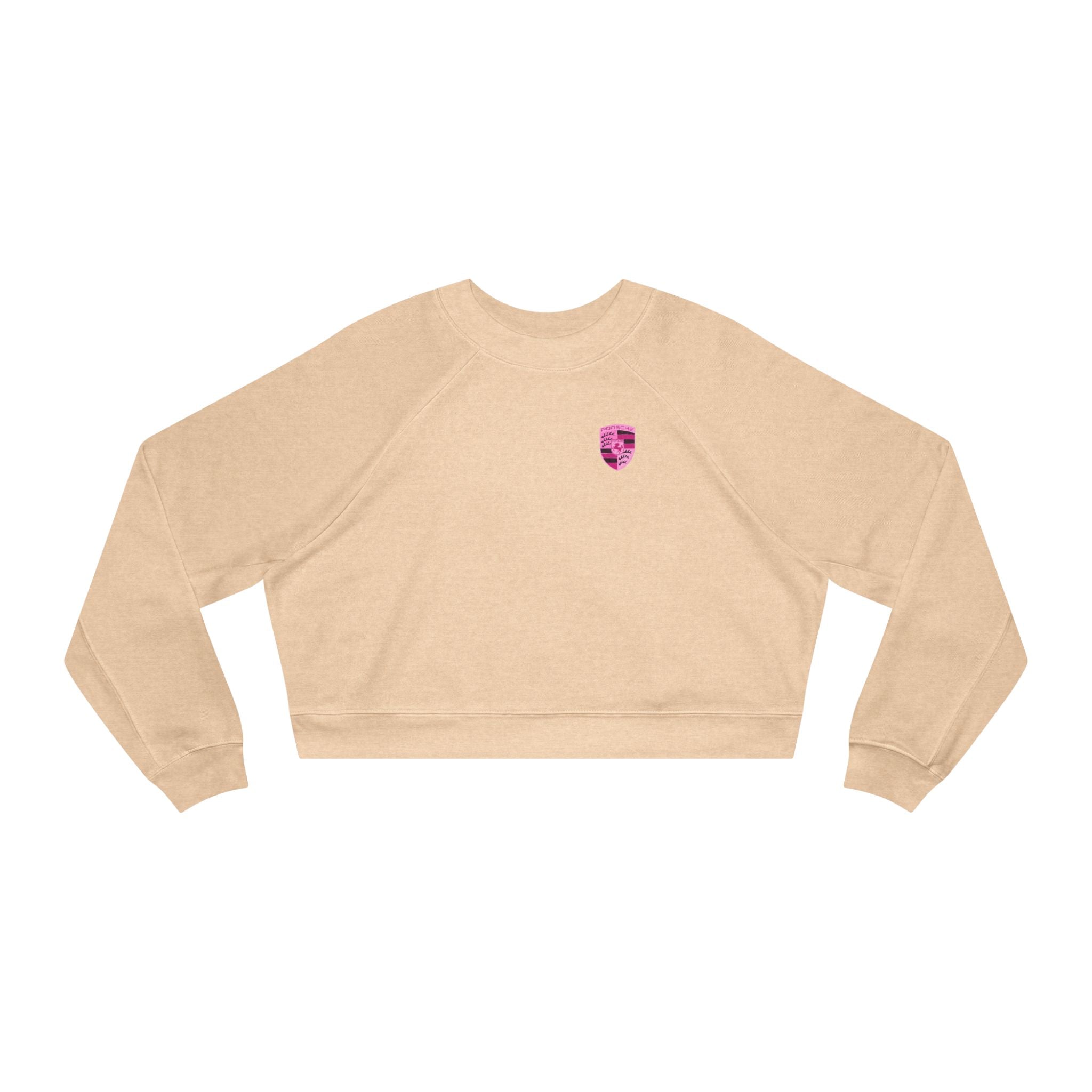 Cropped Fleece Pullover — 'Need Money for Porshe' Pink Car Graphic