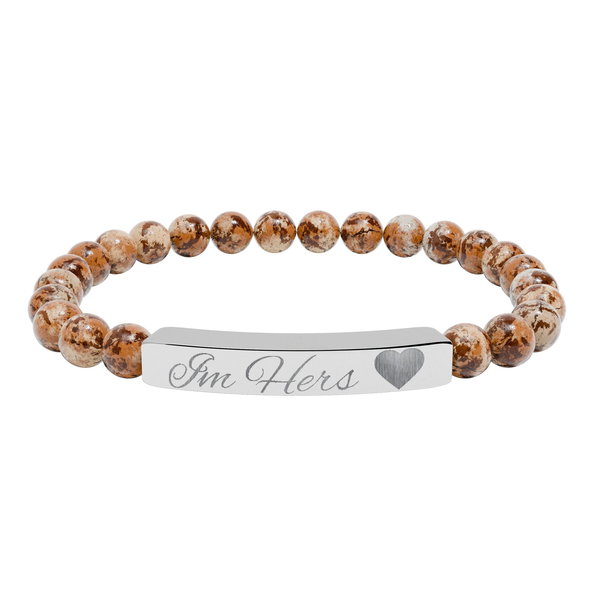 Engravable Natural Stone Bead Bar Bracelet — Personalized Heart Accent