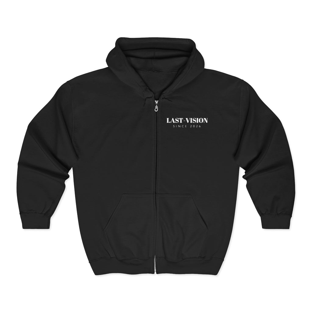 Last Vision Globe Zip Hoodie — Retro Tech Graphic Full-Zip Sweatshirt