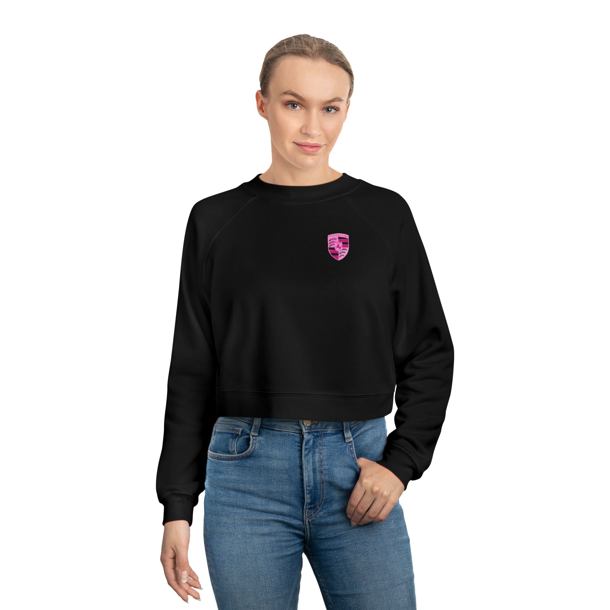 Cropped Fleece Pullover — 'Need Money for Porshe' Pink Car Graphic