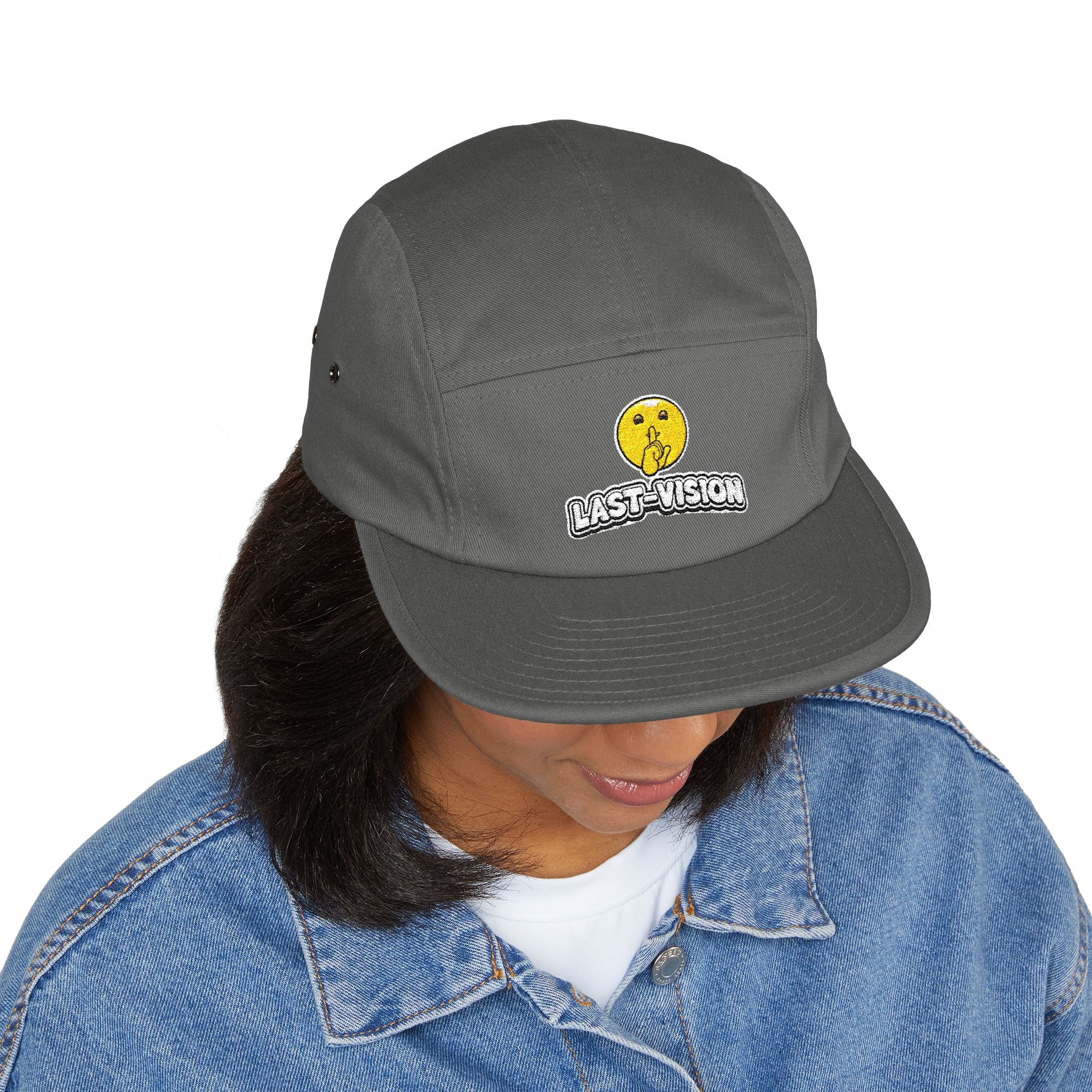 Last Vision Embroidered 5-Panel Cap — Retro Smiley Patch