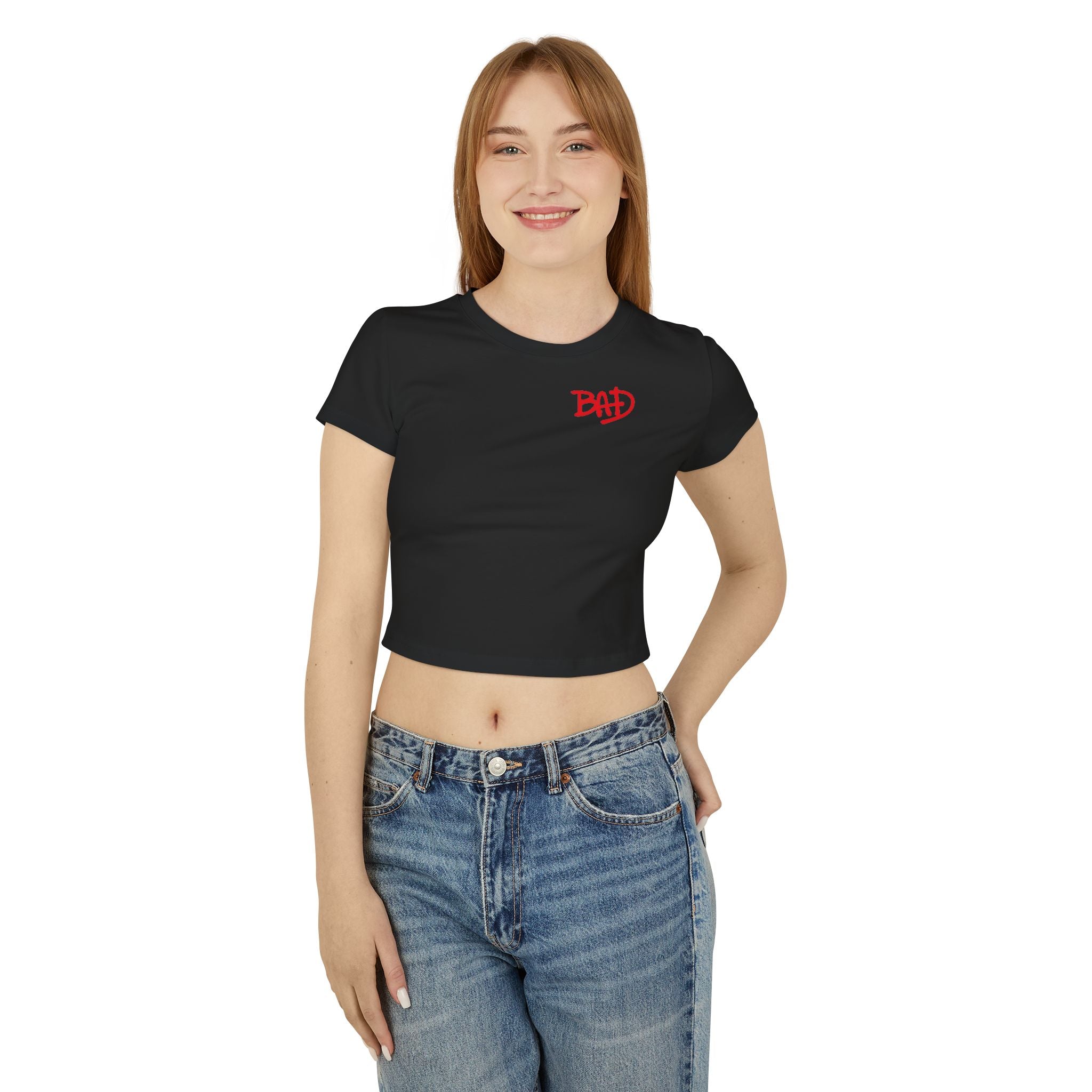 Women's Baby Tee — 'BAD' Red Logo Crop Top with Retro Dance Graphic