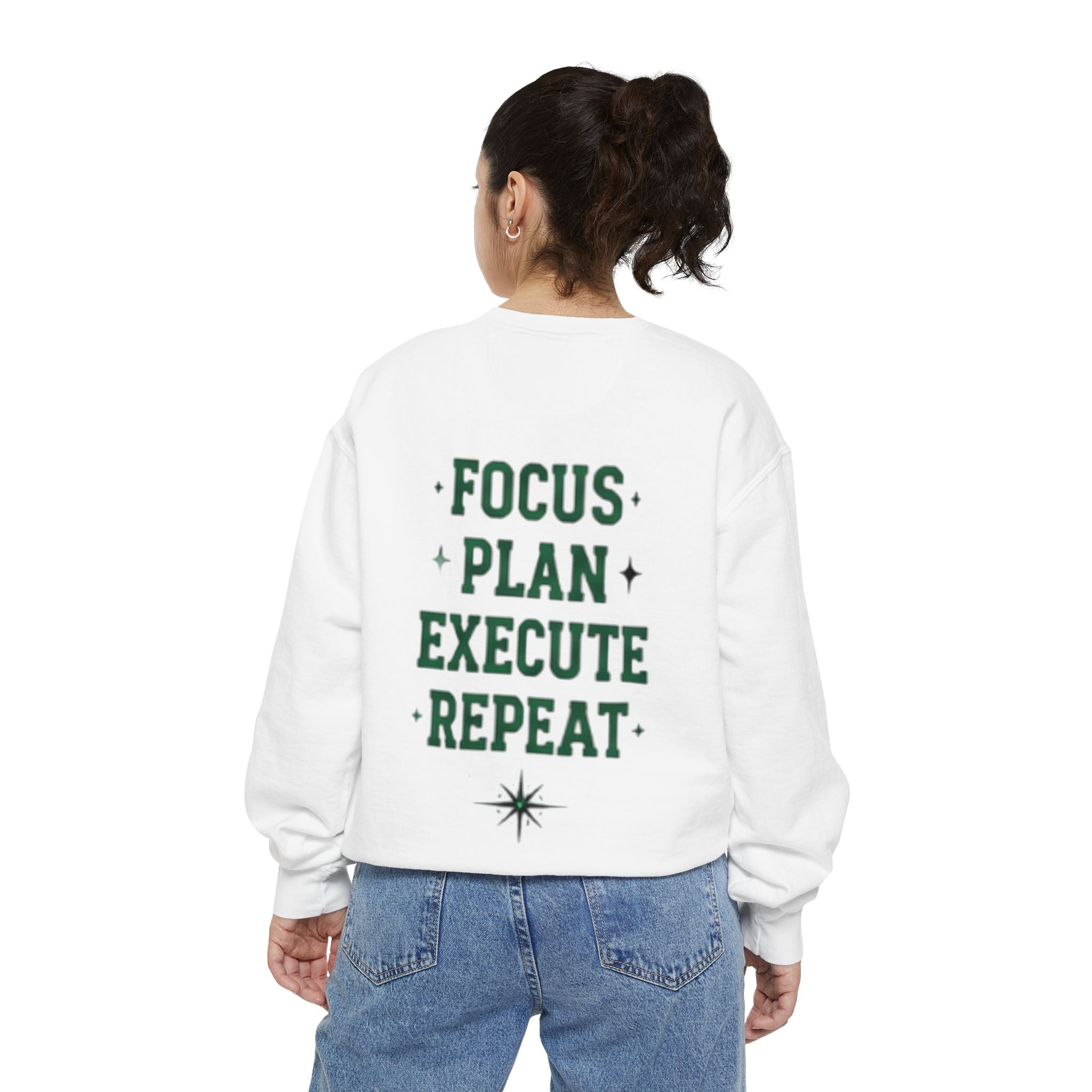 Discipline Sweatshirt — 'Discipline' Angel Graphic with 'Focus Plan Execute Repeat' Motivational Back