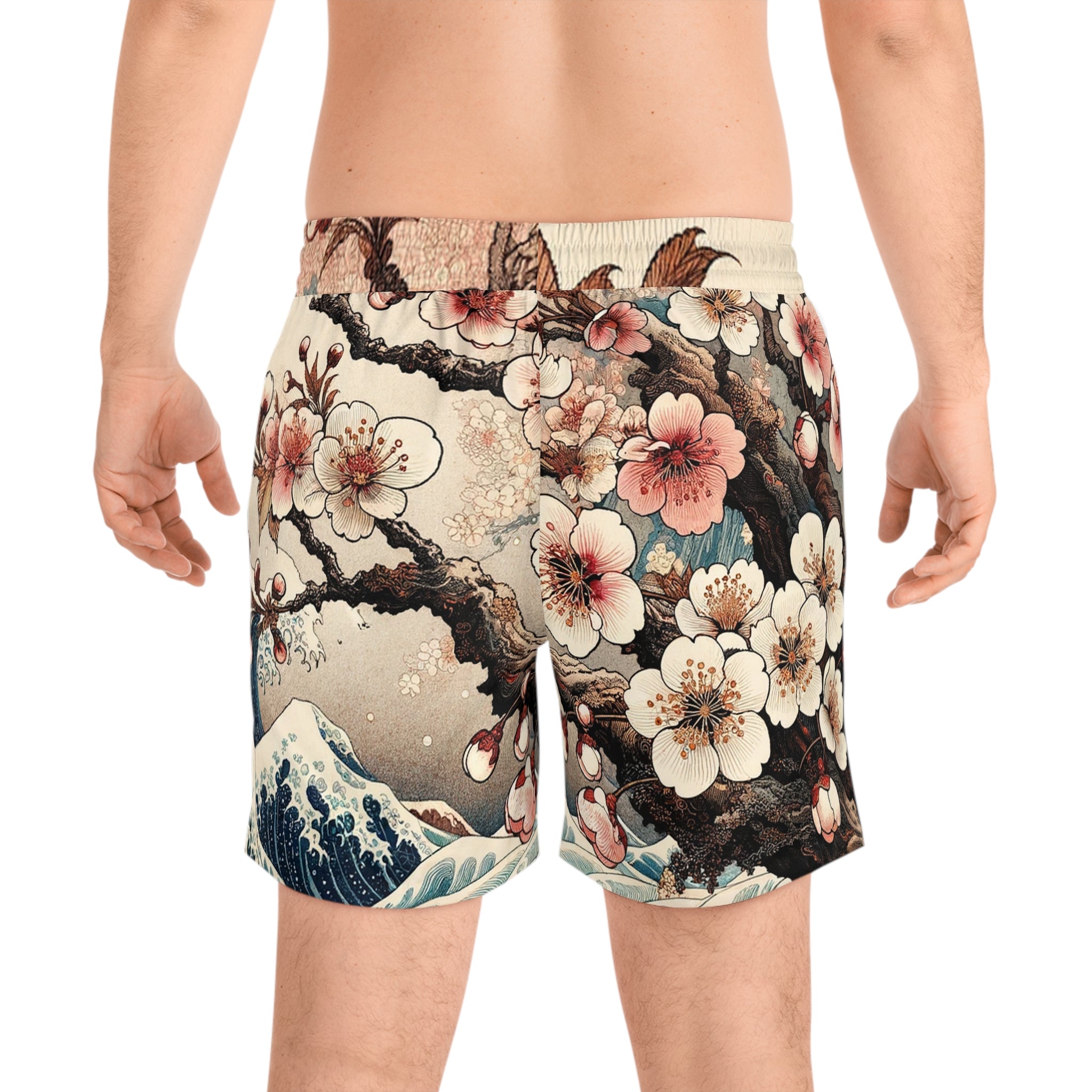 Floral Wave Swim Shorts — Vintage Japanese Cherry Blossom Boardshorts