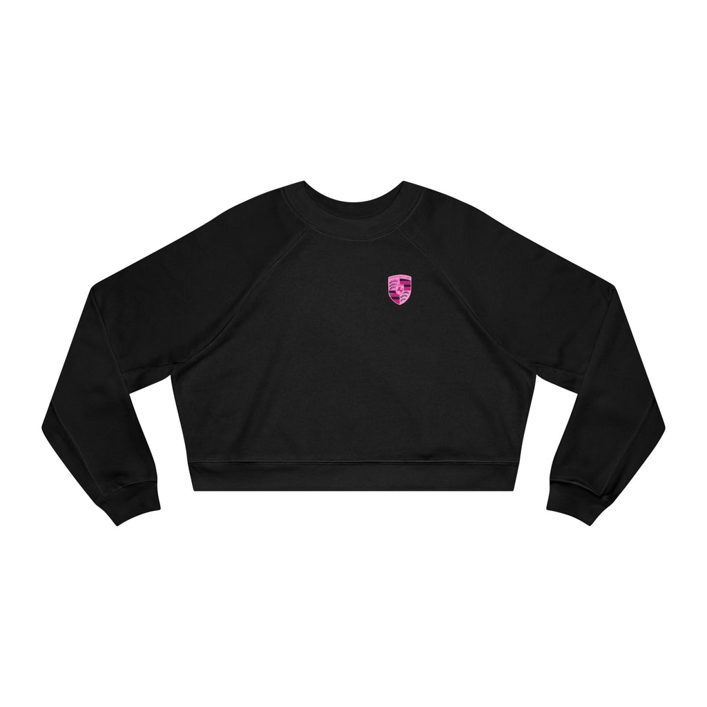 Cropped Fleece Pullover — 'Need Money for Porshe' Pink Car Graphic