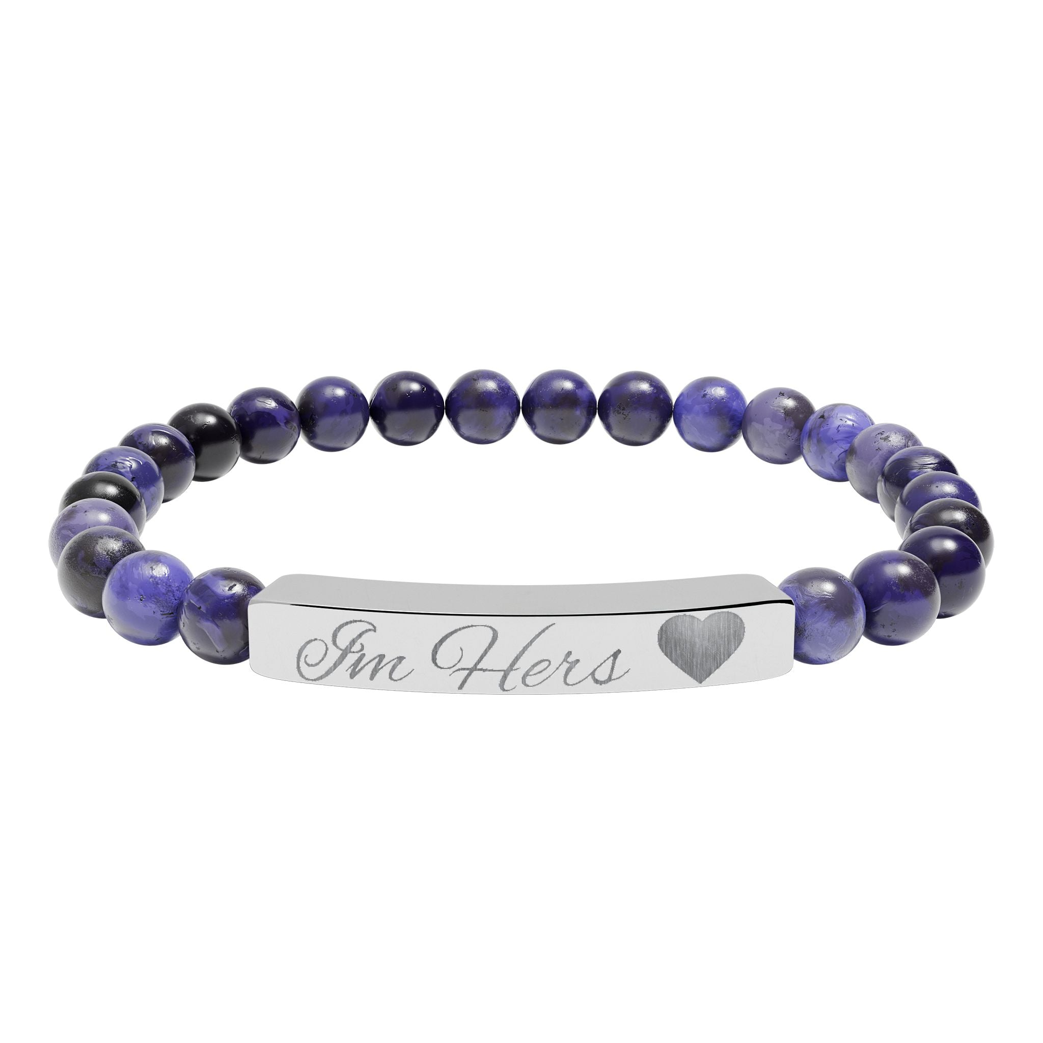 Engravable Natural Stone Bead Bar Bracelet — Personalized Heart Accent