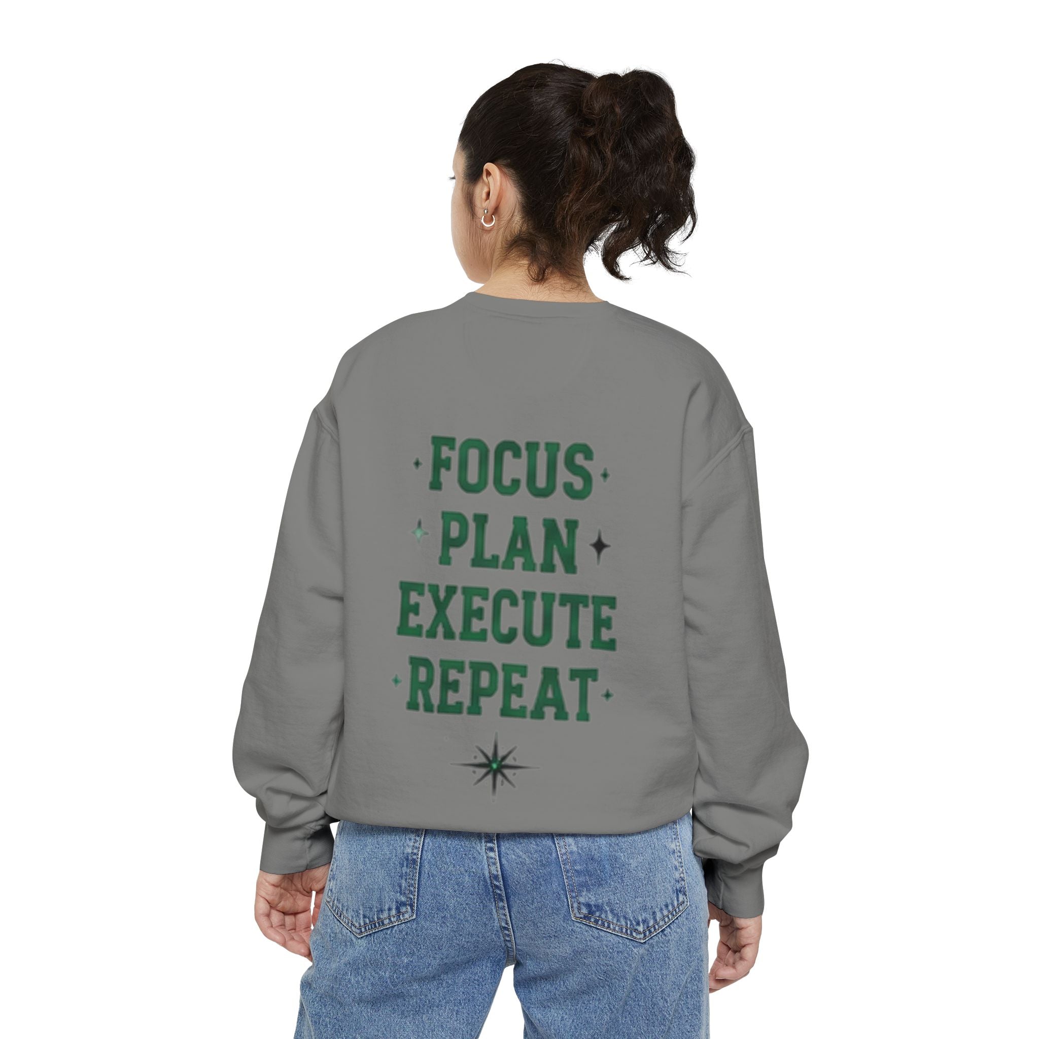 Discipline Sweatshirt — 'Discipline' Angel Graphic with 'Focus Plan Execute Repeat' Motivational Back