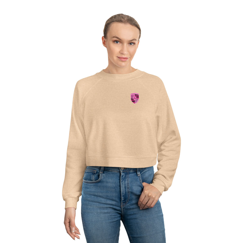 Cropped Fleece Pullover — 'Need Money for Porshe' Pink Car Graphic