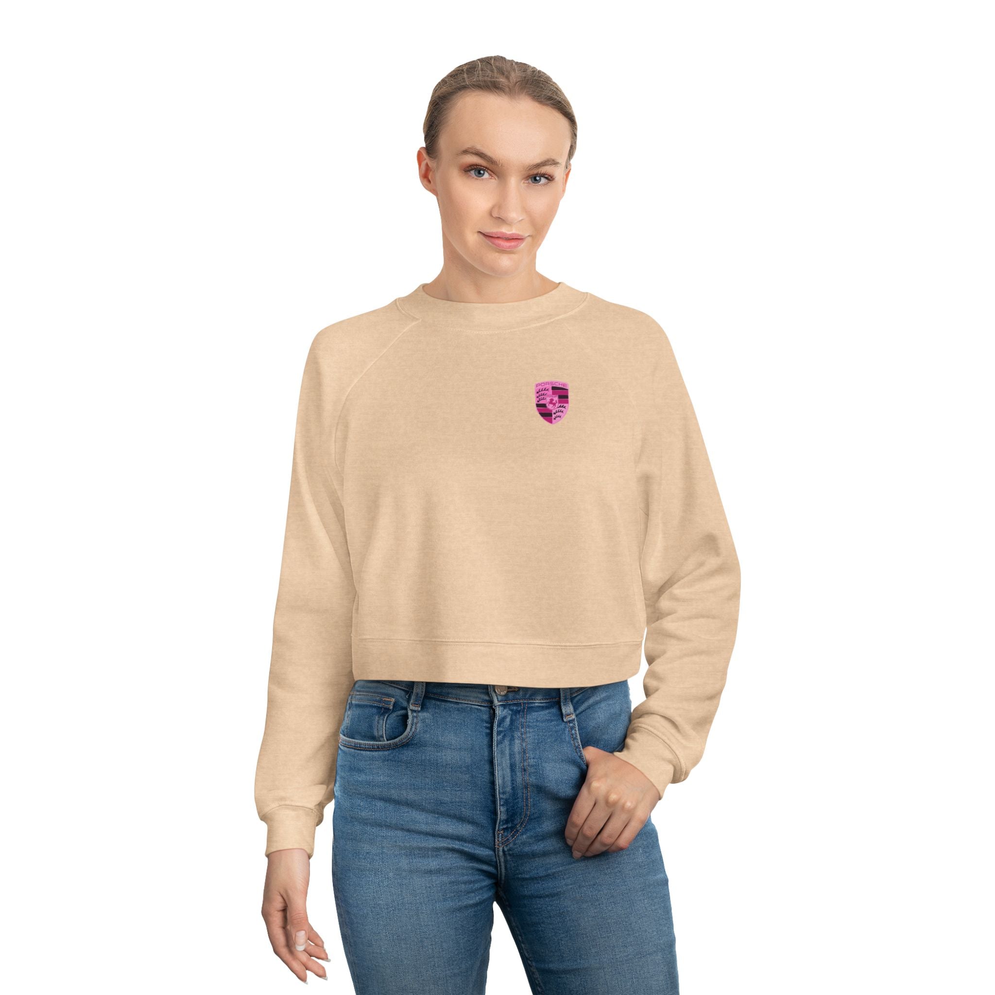 Cropped Fleece Pullover — 'Need Money for Porshe' Pink Car Graphic