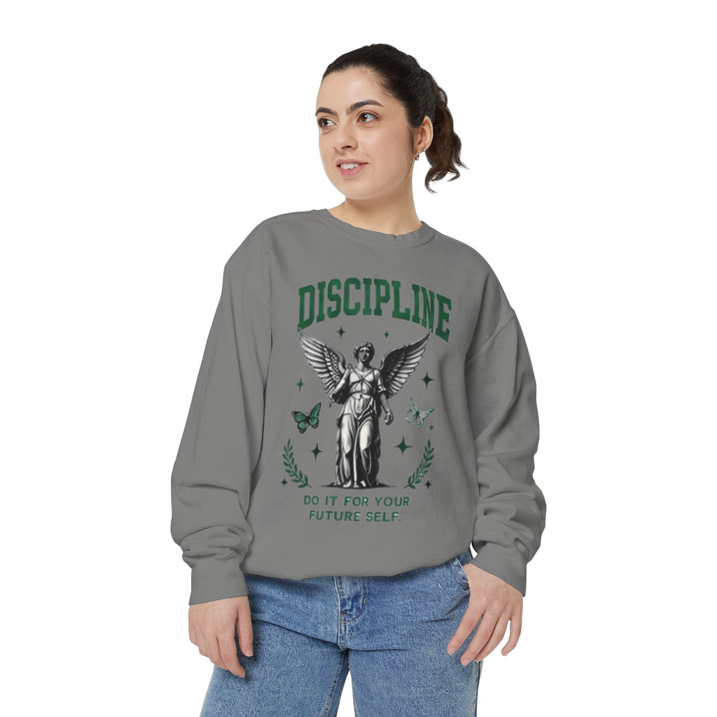 Discipline Sweatshirt — 'Discipline' Angel Graphic with 'Focus Plan Execute Repeat' Motivational Back