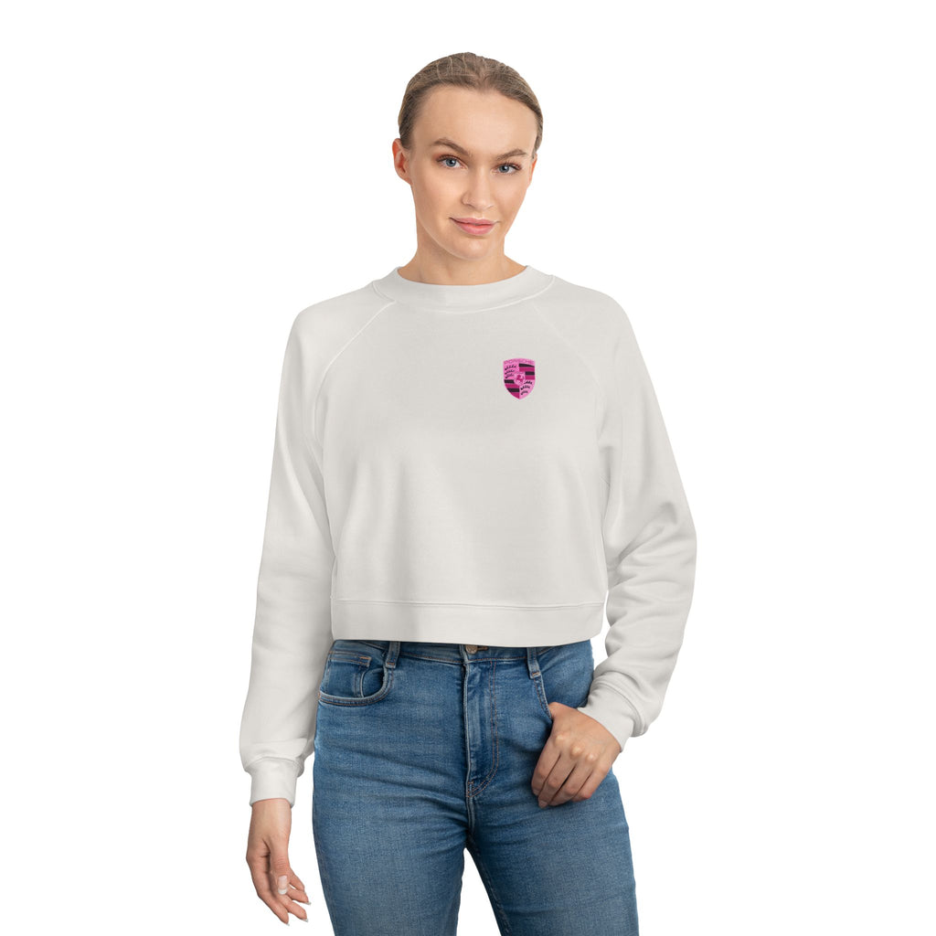 Cropped Fleece Pullover — 'Need Money for Porshe' Pink Car Graphic