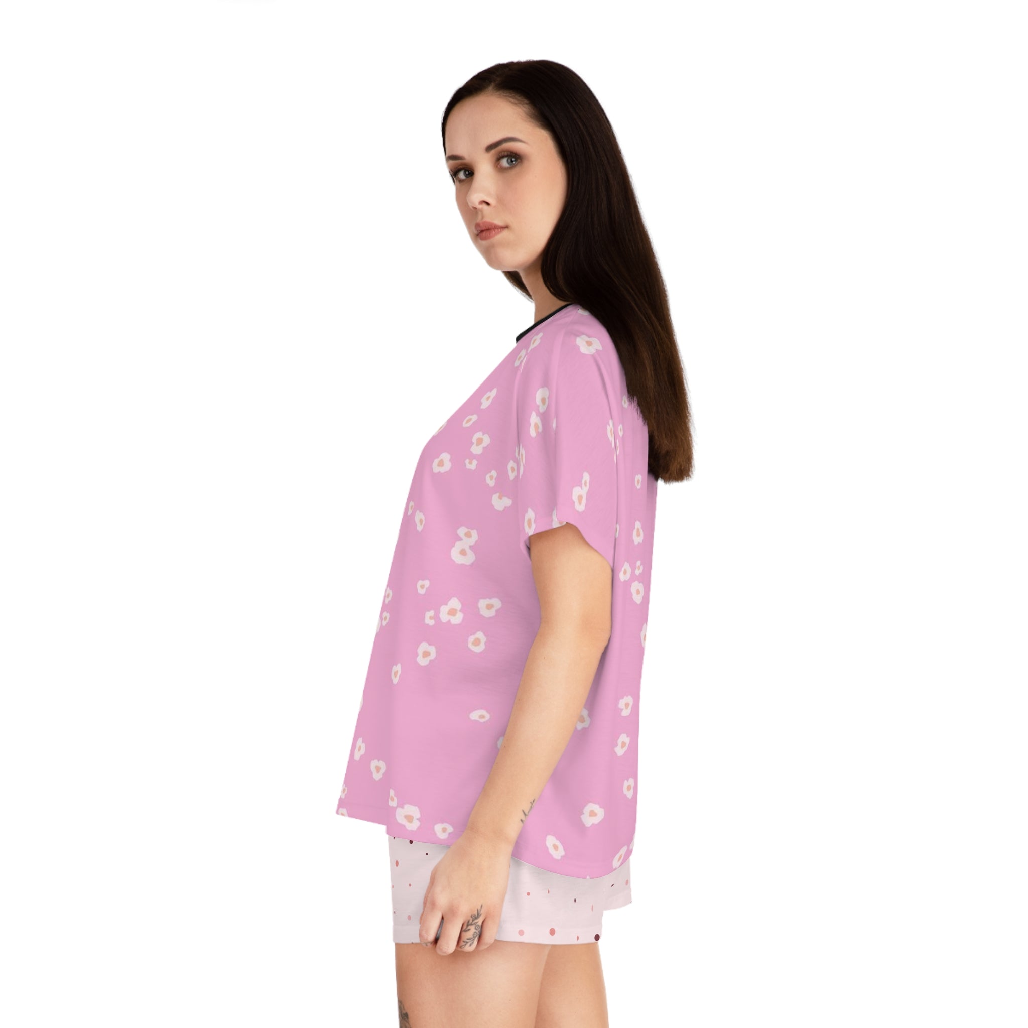 Pink Floral Women's Pajama Set — Short Sleeve Top & Star Print Shorts