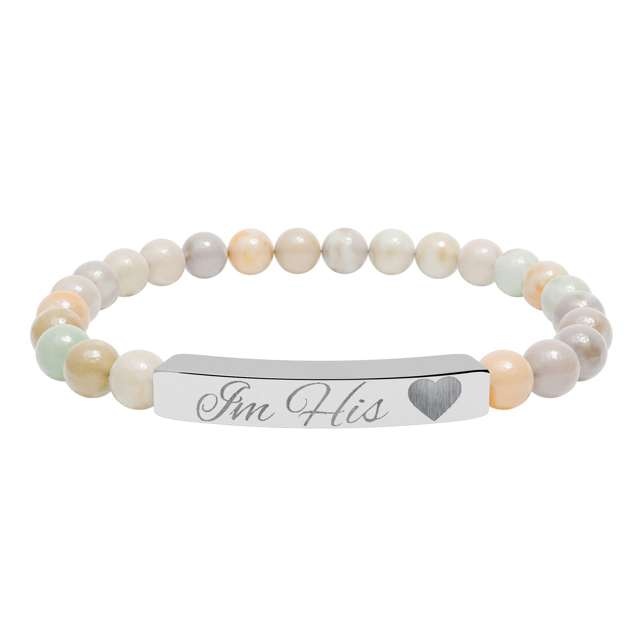 Engraved Natural Stone Stretch Bracelet — Personalized Bar with Heart