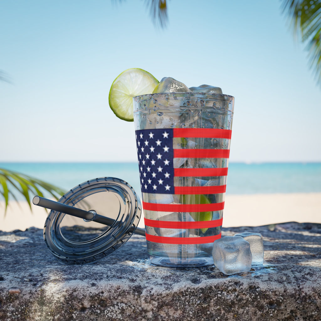 American Flag 16oz Tumbler with Straw – Patriotic USA Travel Cup