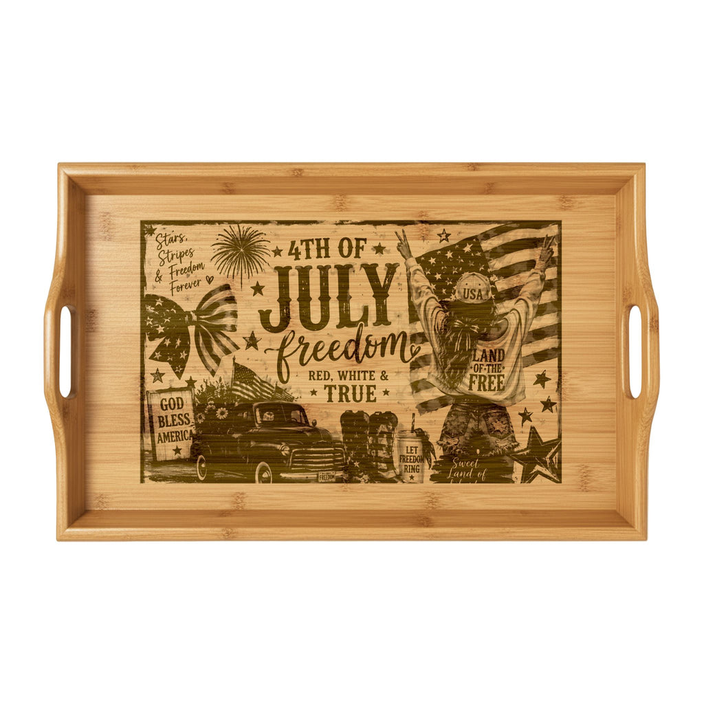 4th of July Bamboo Serving Tray — Engraved Patriotic Independence Day Design