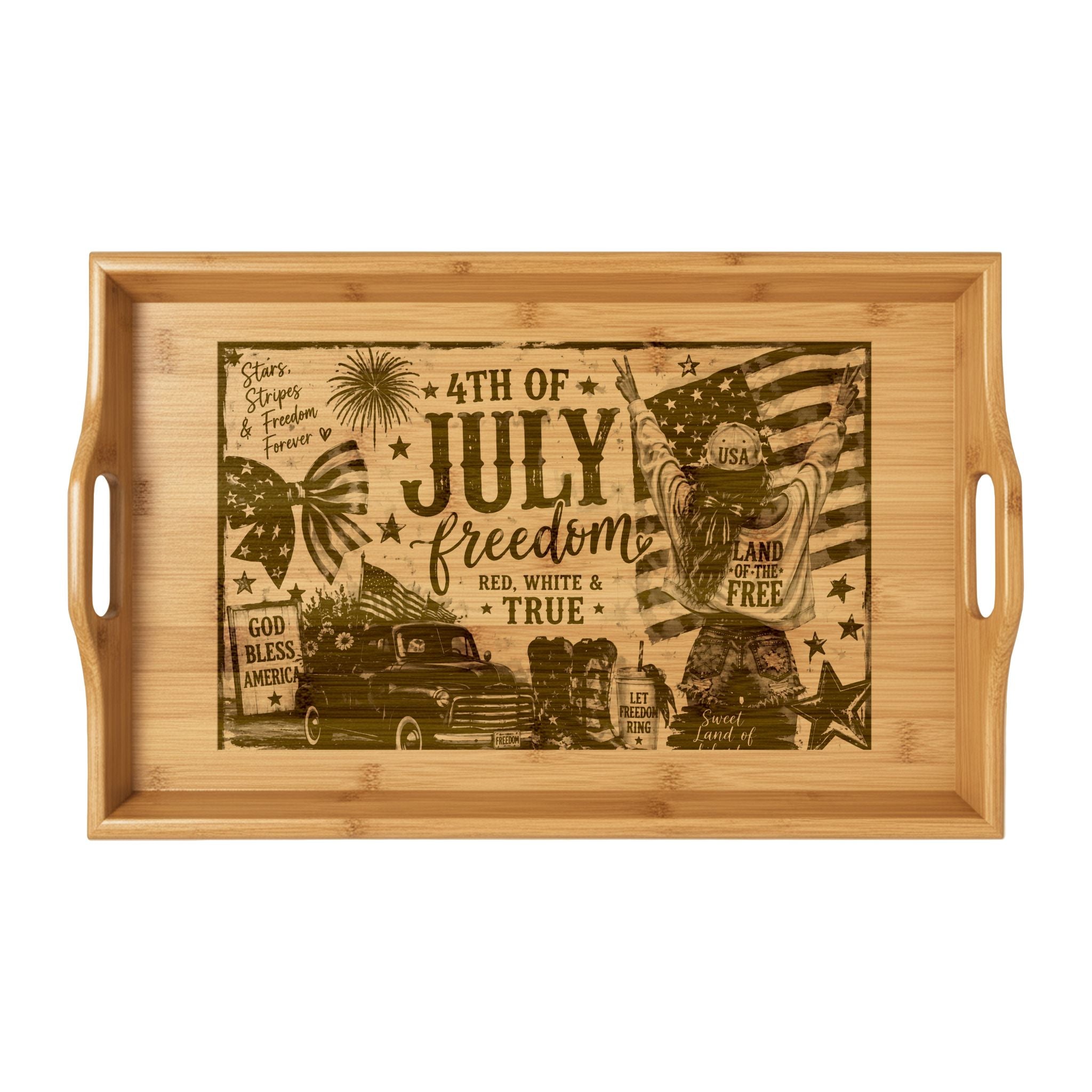 4th of July Bamboo Serving Tray — Engraved Patriotic Independence Day Design