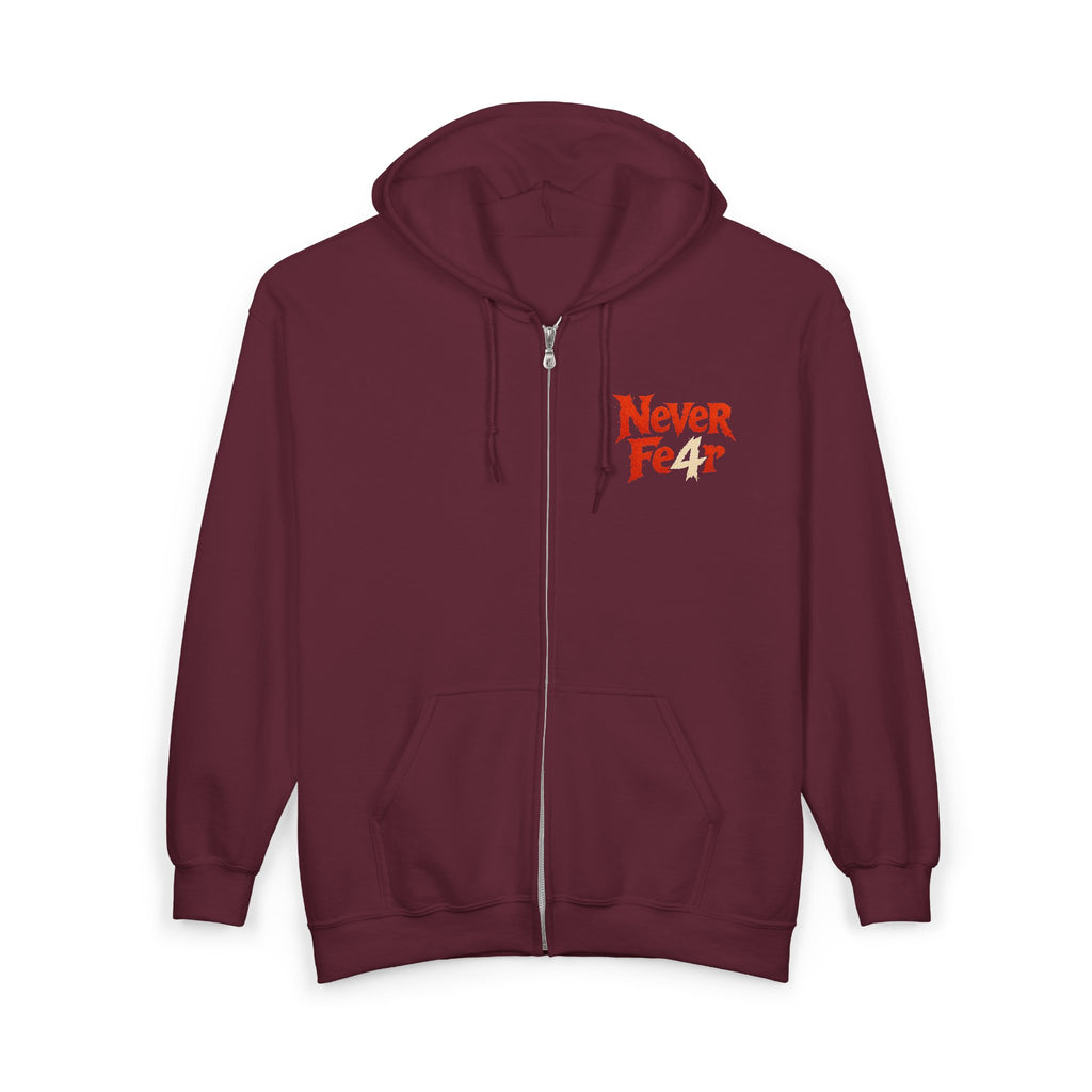 Full-Zip Hoodie — "Never Fear" Inspirational "Don't Let Fear Stop You" Motivational Zip-Up