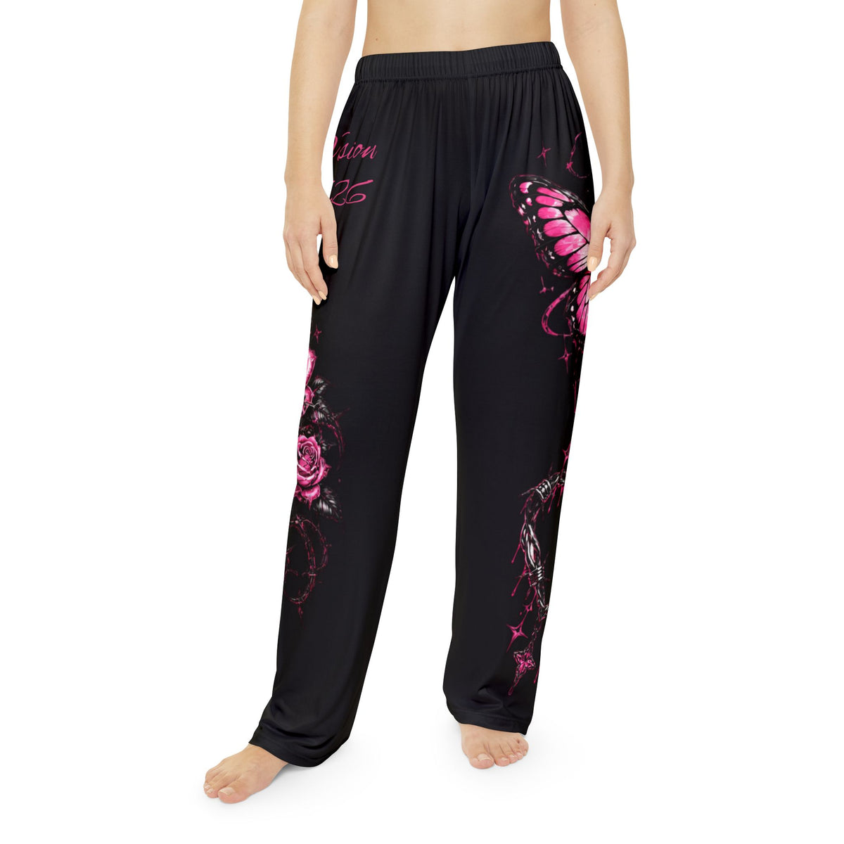 Women's Black Butterfly & Rose Pajama Pants — 'Live, Love, Dream' Lounge Sleepwear