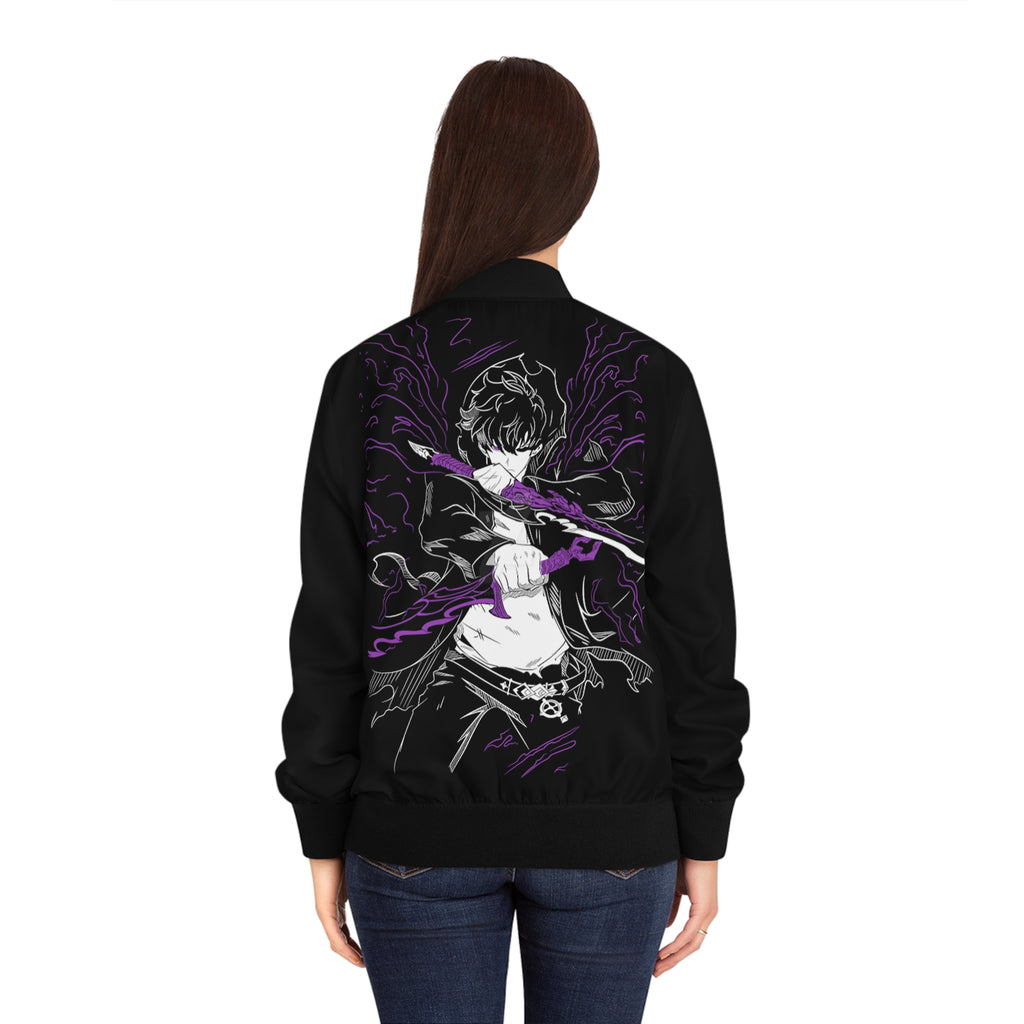 Anime solo leveling Swordswoman Bomber Jacket — Black & Purple Graphic