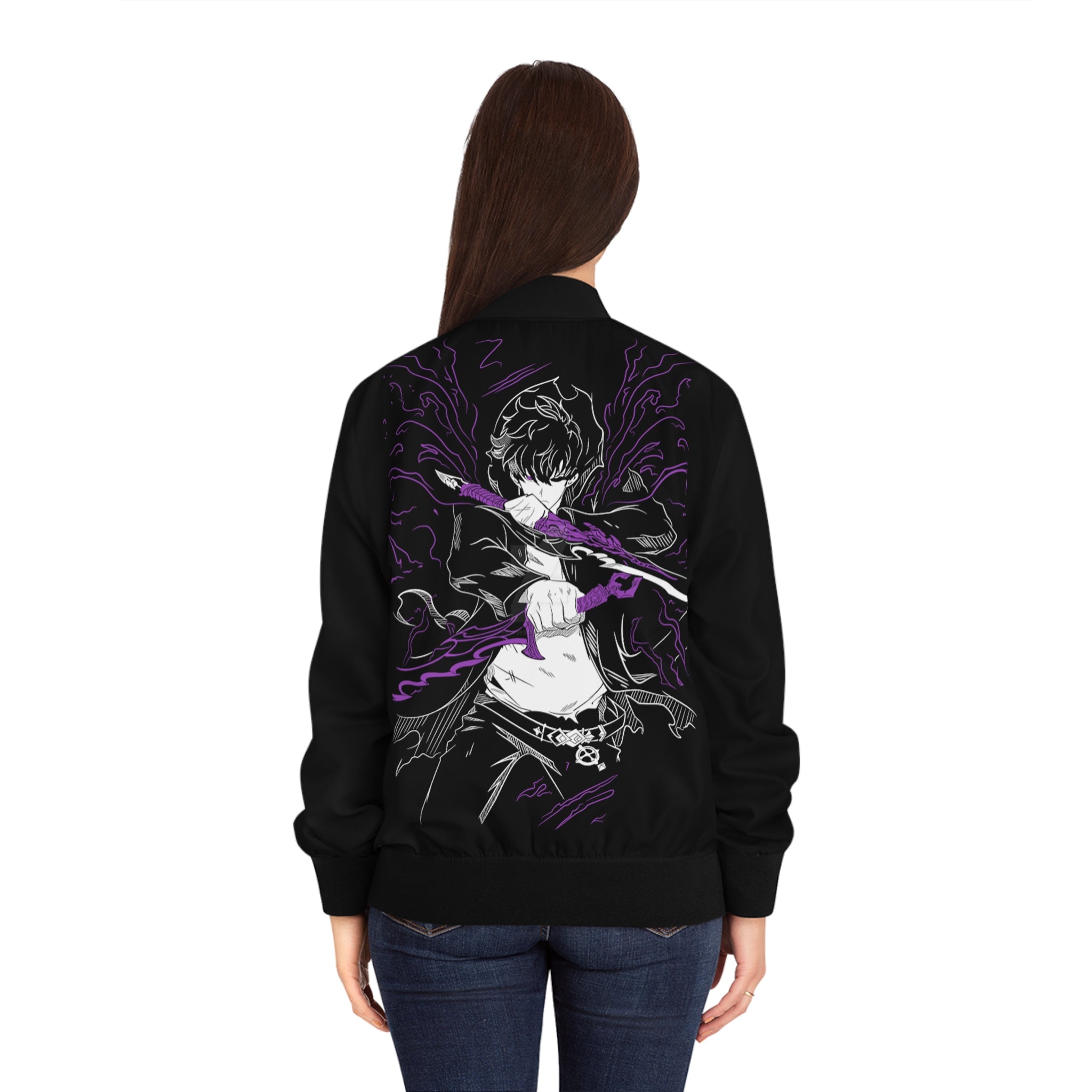 Anime solo leveling Swordswoman Bomber Jacket — Black & Purple Graphic