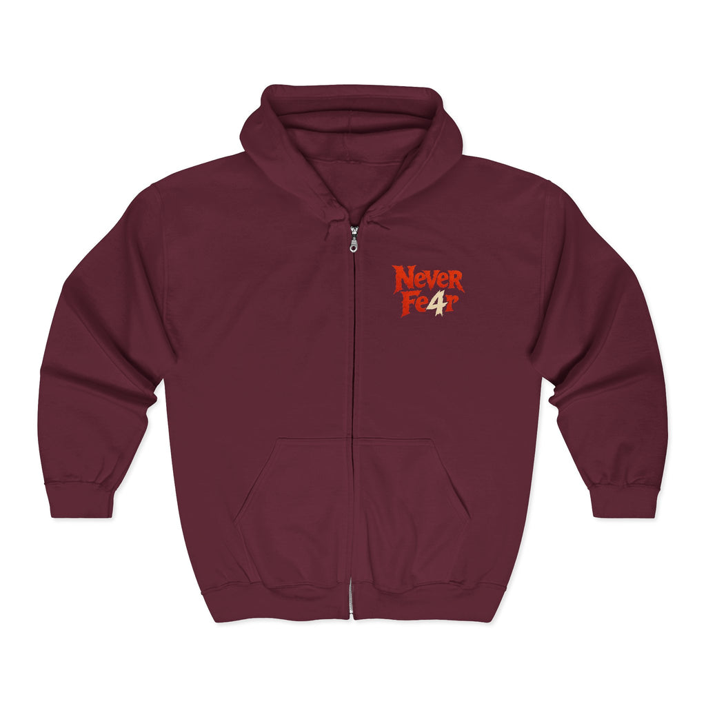 Full-Zip Hoodie — "Never Fear" Inspirational "Don't Let Fear Stop You" Motivational Zip-Up