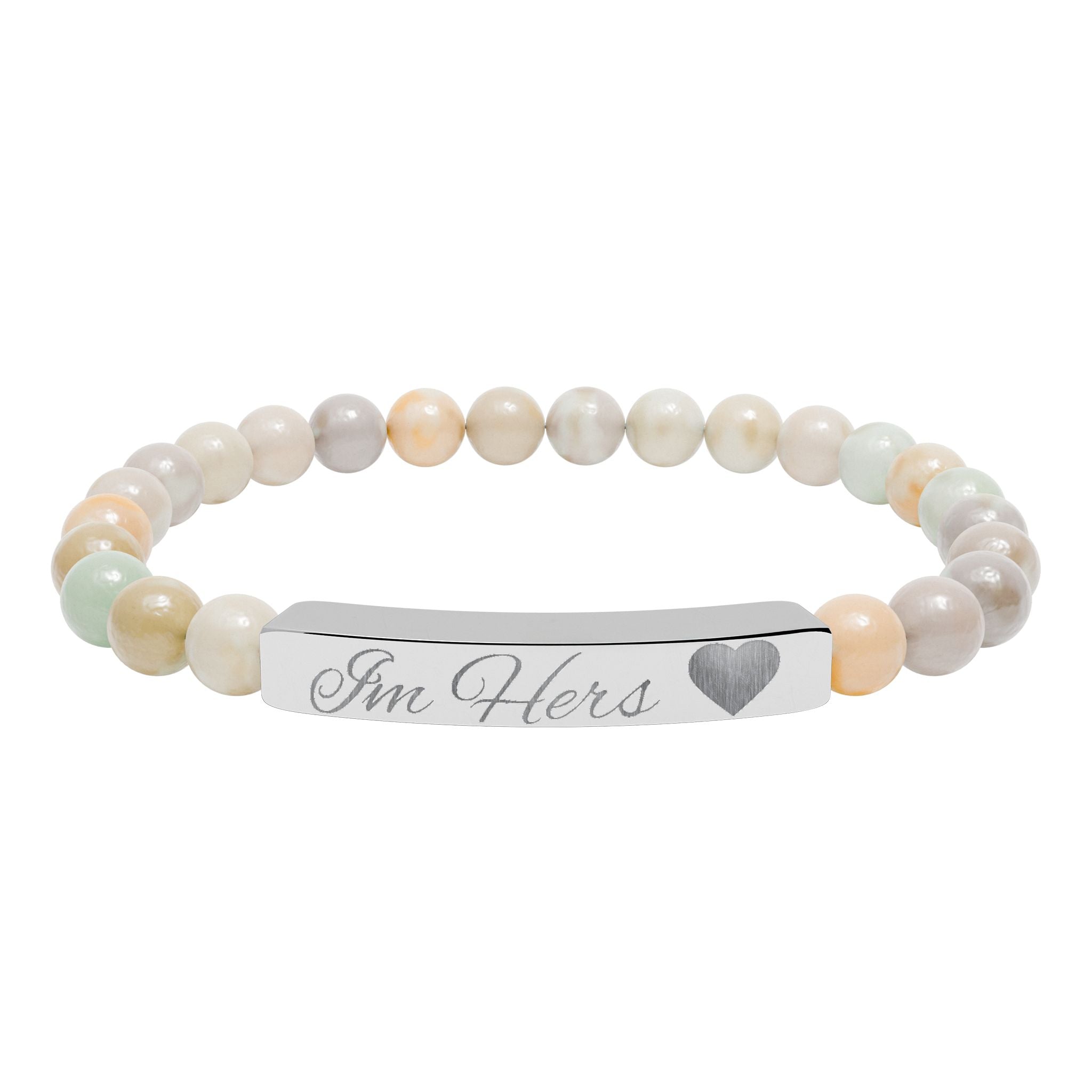Engravable Natural Stone Bead Bar Bracelet — Personalized Heart Accent