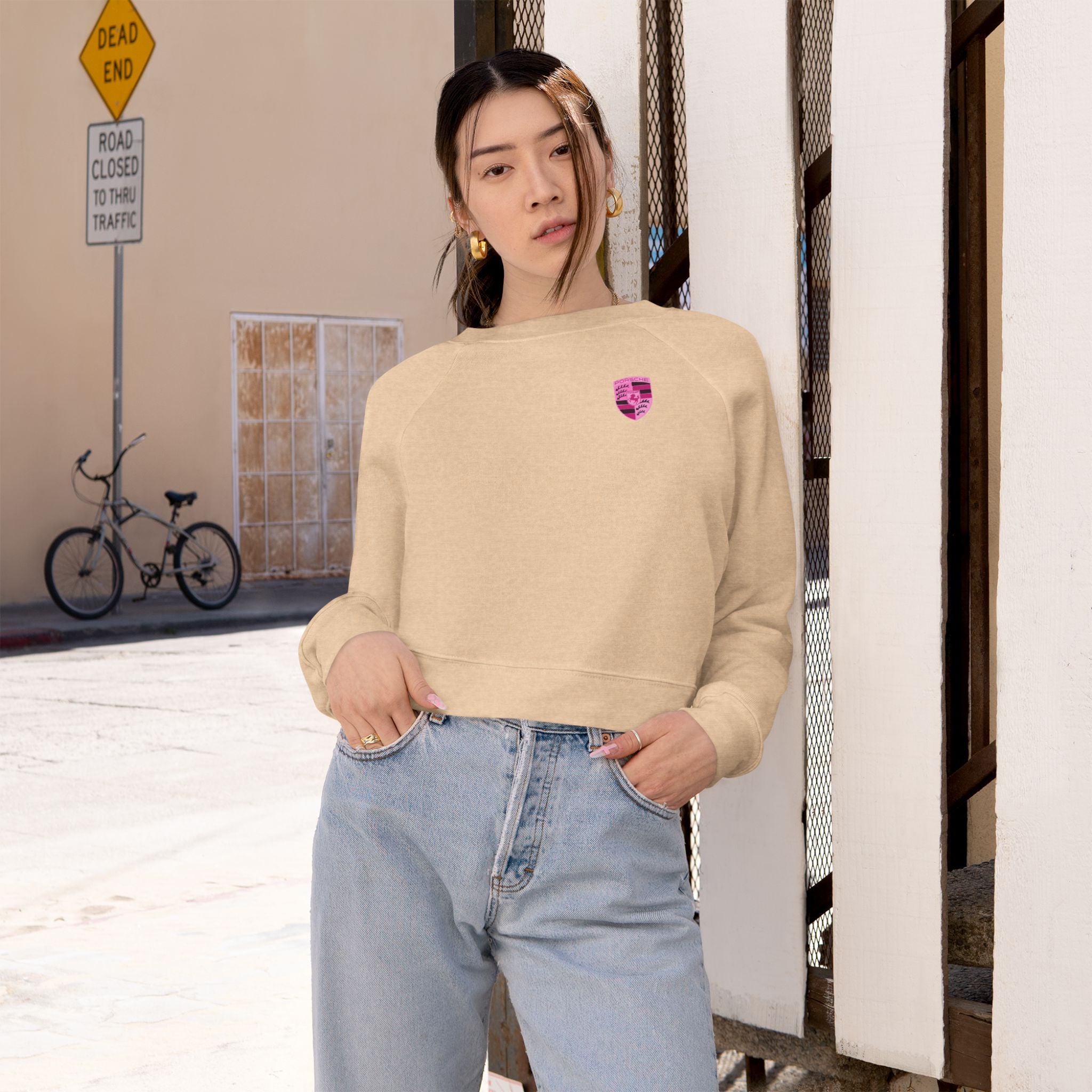 Cropped Fleece Pullover — 'Need Money for Porshe' Pink Car Graphic