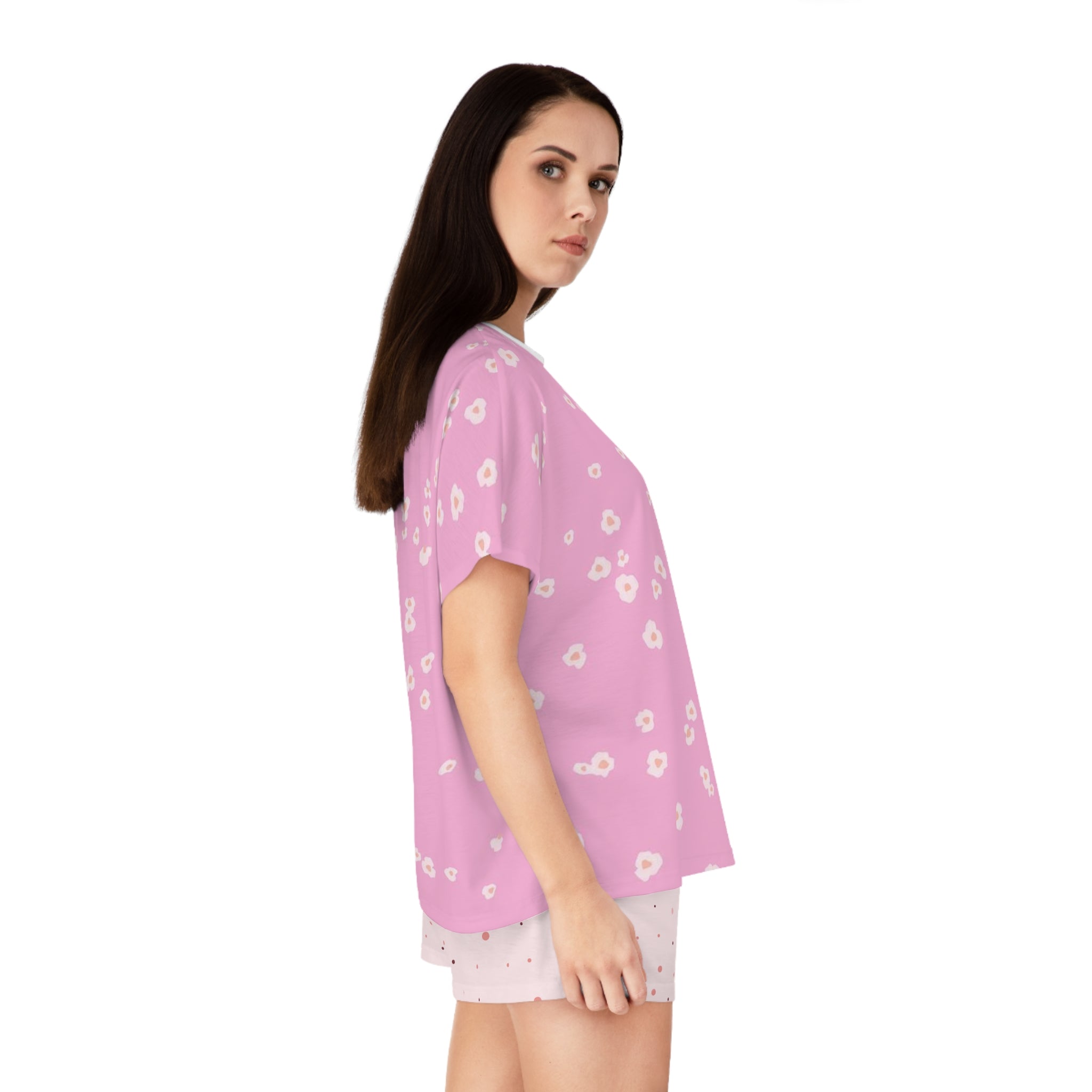 Pink Floral Women's Pajama Set — Short Sleeve Top & Star Print Shorts