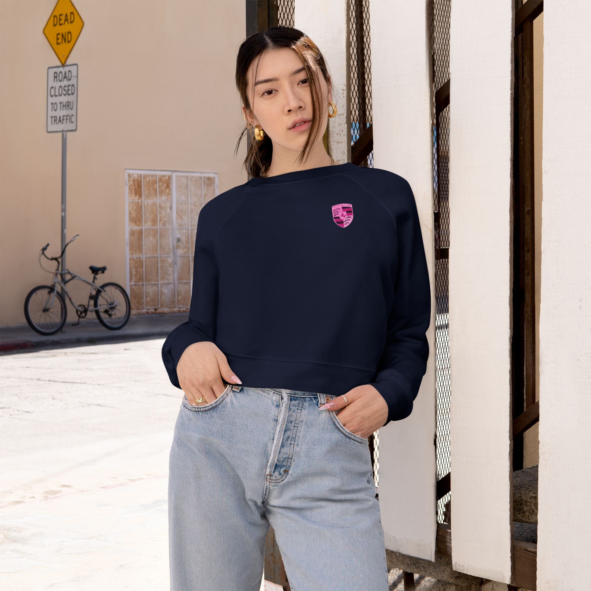 Cropped Fleece Pullover — 'Need Money for Porshe' Pink Car Graphic
