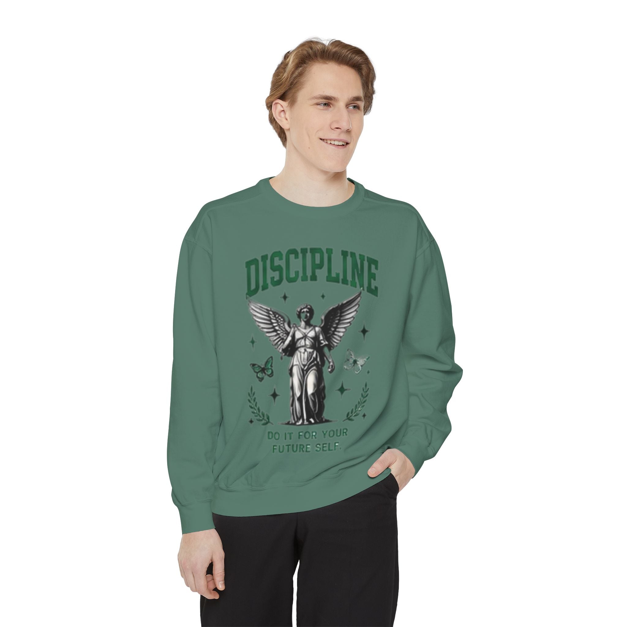 Discipline Sweatshirt — 'Discipline' Angel Graphic with 'Focus Plan Execute Repeat' Motivational Back