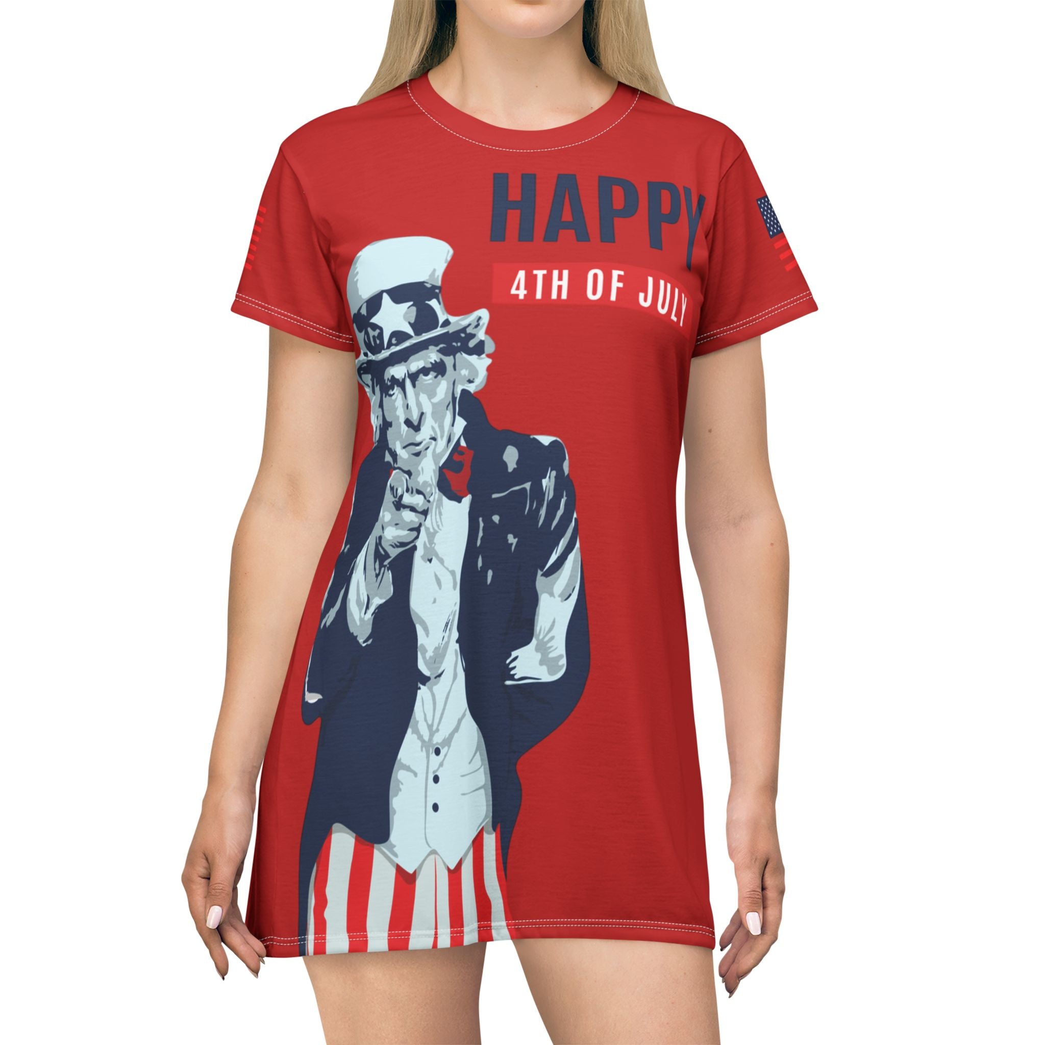 4th of July Uncle Sam T-Shirt Dress – Happy 4th Patriotic AOP Dress